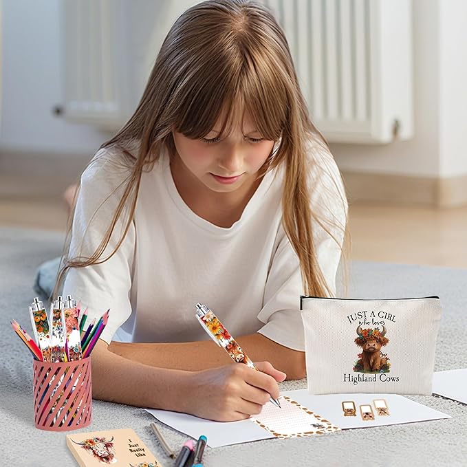 Highland Cow Stationery Sets, Highland Cow Gifts for Women Christmas Cow Lovers Stuff Include Scottish Sticky Notes Ballpoint Pens Makeup Bag Office Decor for Students School Teacher Meeting Supplies