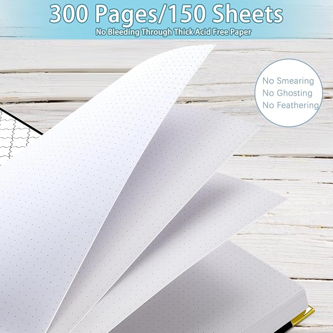 Spiral Notebook, Dotted Journal Notebook, 8.5" x 11", 300 Page Hardcover Large Dot Grid Notebook Journal for Bullet, Thick Paper Fights Ink Bleed, A4 Leather Journal for Women Men, Black