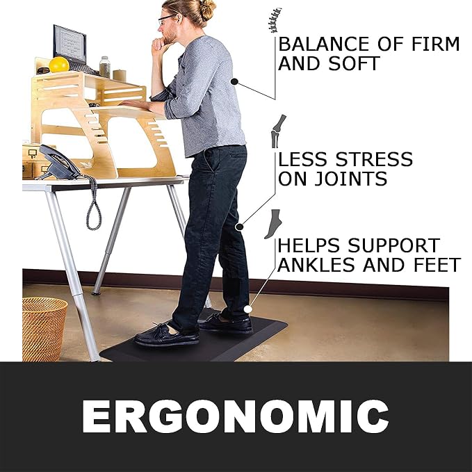 Extra Thick Anti Fatigue Kitchen Floor Mat 0.8 inch Comfort Standing Mat, Office Standing Desk Mat, Kitchen Rug, Massage Points Comfort Mat, 140D PU Foam (Black, 17'' x 22'')
