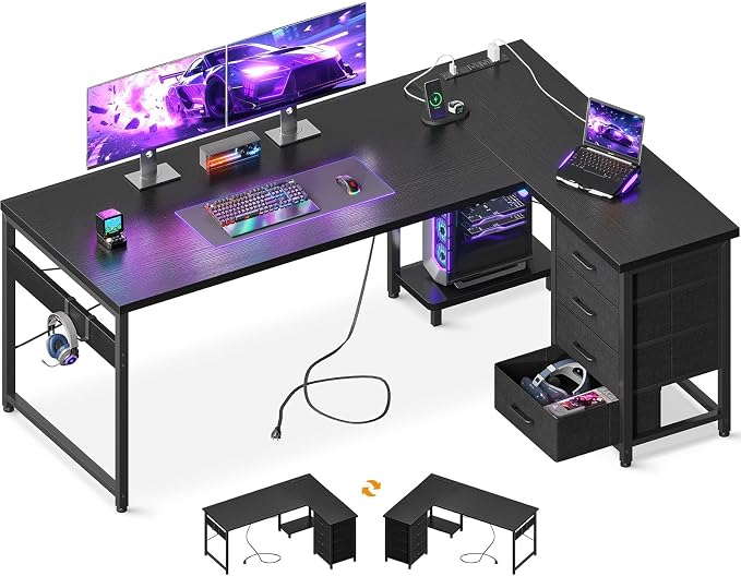 AODK 61" L Shaped Gaming Desk with 4 Drawers and Power Outlets, Black | USB Ports, PC Tower Stand, Hooks, Reversible Corner Layout for Gaming Rooms, Bedrooms and Home Office