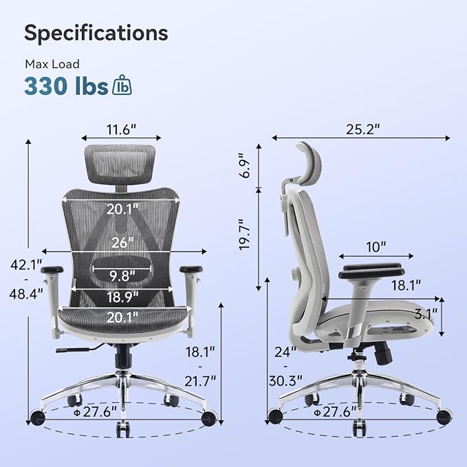 SIHOO M57 Ergonomic Mesh Office Chair, High Back Home Desk Chair with 3D Armrests, Lumbar Support and Adjustable Headrest, Comfortable Computer Chair, Hold 330 LBS-2 Packs-Light Grey
