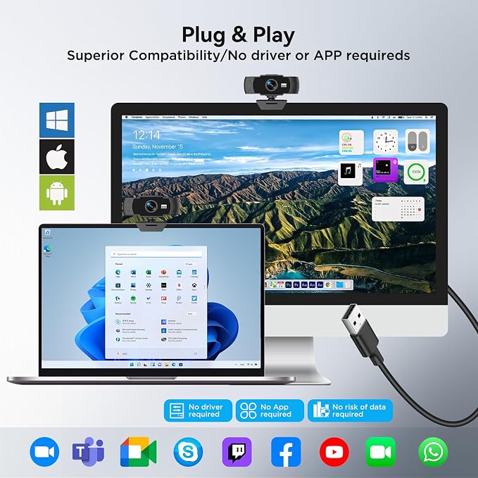 Full HD 1080P Webcam with Dual Microphones & Privacy Cover for PC, Desktop, Laptop, Plug&Play USB Computer Camera with Auto Light Correction for Zoom/Teams/Skype, Conferencing and Live Streaming