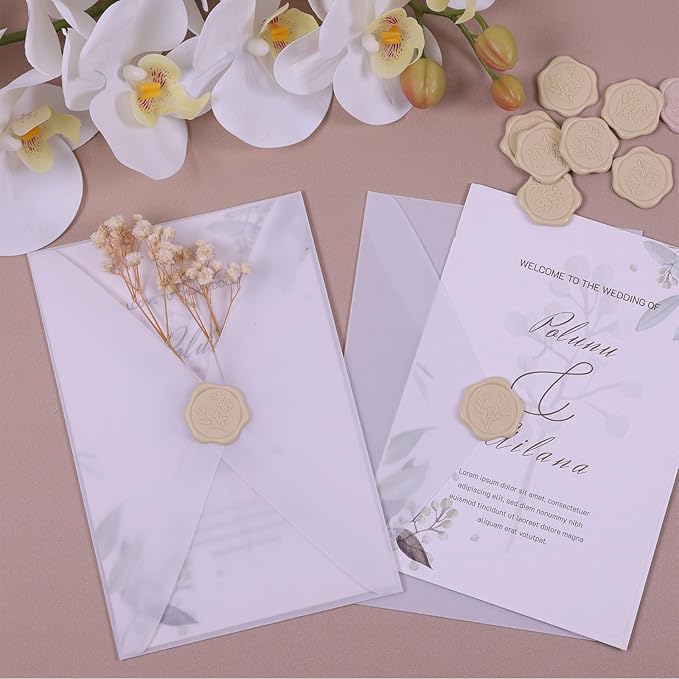 UNIQOOO Wax Seal Stickers - Eucalyptus Wedding Invitation Envelope Seal Stickers, 50 Pcs Self- Adhesive Tan White Sand Stickers, Perfect for Invitation, Christmas, Gift Wrapping, Party