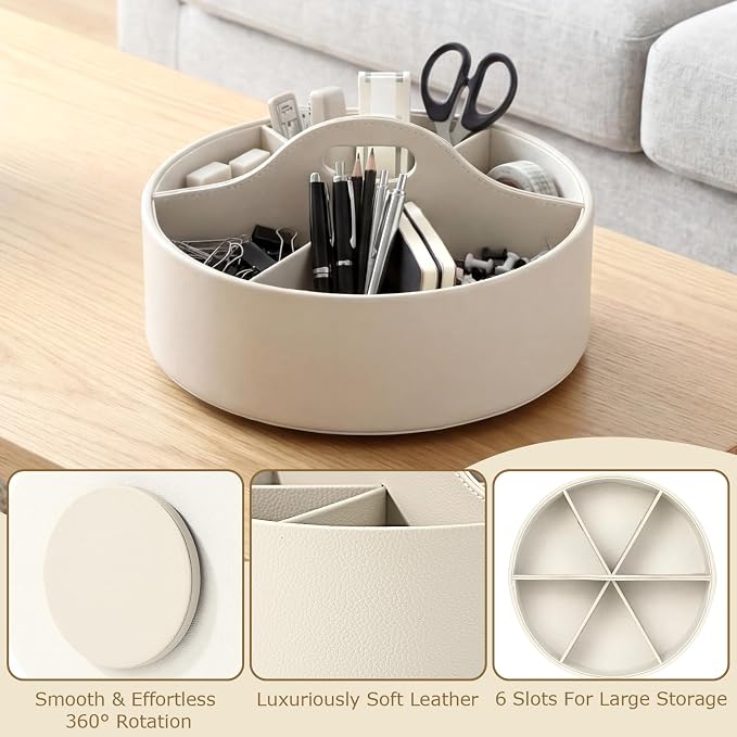 360° Rotating Leather Desk Storage Organizer with 6 Slots and Handle Extra-large Pen Holder Spinning Pencil Storage Lazy Susan Organizer Office Desk Supplies Marker, Art Supply (Beige)