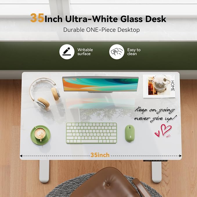 Gibbon Mounts 35” White Glass Standing Desk Height Adjustable with Drawer | Electric One-Piece Rising Whiteboard Table on Lockable Wheels, Mobile Small Rolling Laptop Cart for Work, Drawing, Crafting