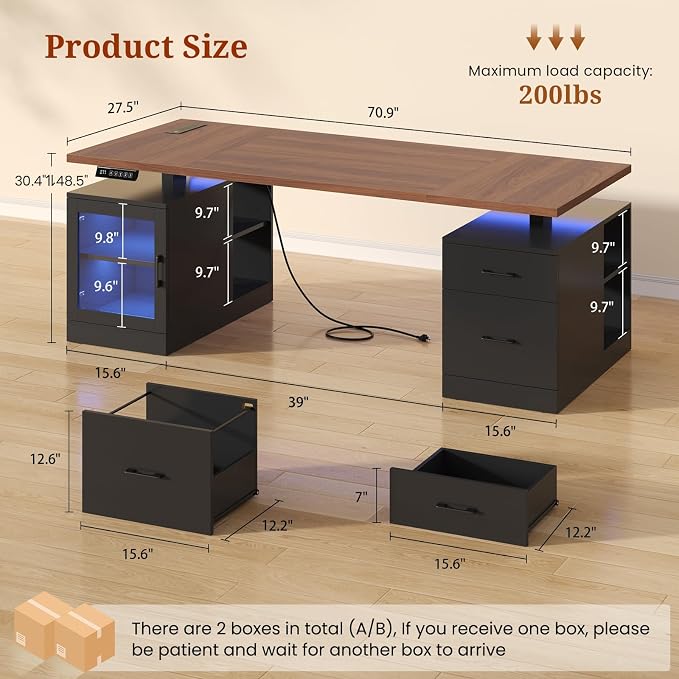 UPOSOJA 71 in Executive Standing Desk, Electric Height Adjustable Desk with Storage Drawers, Glass Cabinet, Shelves, Power Outlet, LED Light, Wood Sit Stand up Computer Desks for Home Office (Black)