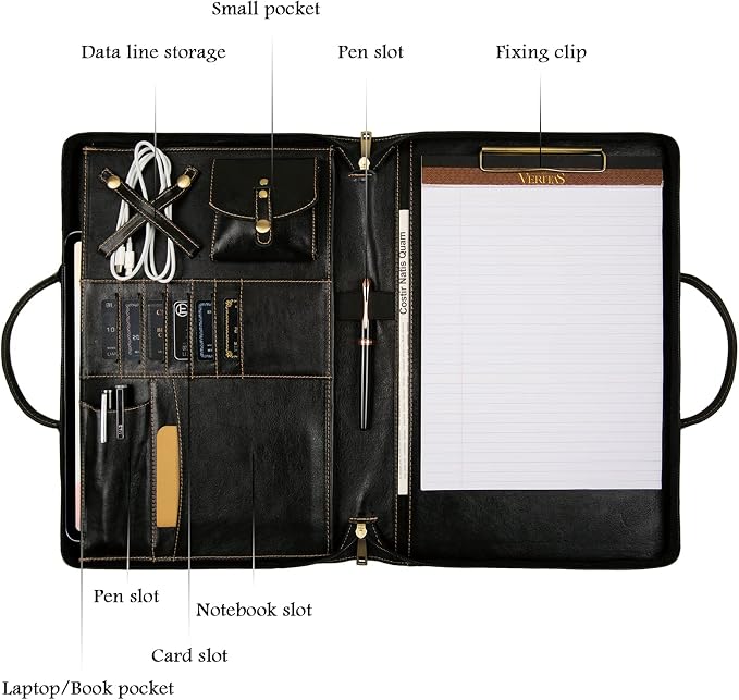 Oil Wax Leather Portfolio, Padfolio Organizer with Handle, Personalized Padfolio，Padfolio With Zipper for Men Women，Suitable for 15-inch Laptop Legal Pad Padfolio, Black
