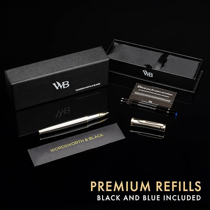 Wordsworth and Black Rollerball Pen - Luxury Pen - 24K Gold Finish, Silver Lacquer, Ink Refill, Refillable Gift for Men & Women, Professional Writing, Nice and Fancy Pens and for Work