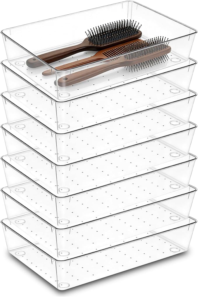 7Pack 6"*9" Clear Drawer Organizers for Makeup, Vanity, Office | Acrylic Organizer Trays for Bathroom, Nightstand, Junk for Kitchen Drawer, Versatile Plastic Drawer Divider Storage Bins