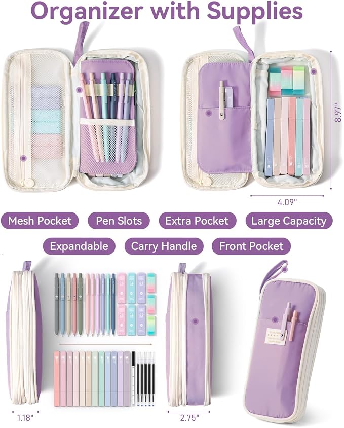 Four Candies 39PCS Cute Aesthetic School Supplies with Pen Case, Stationery Set for College & Nursing School Essentials, 12 Highlighters, 5 Gel Pens, 6 Mechanical Pencils, Purple