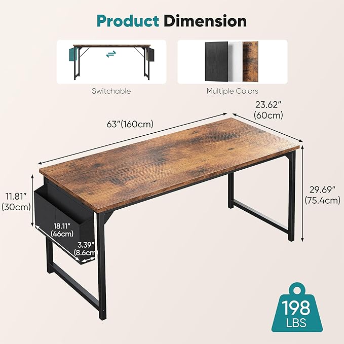 OLIXIS 63 Inch Computer Desk for Home Office, Writing Study Craft Gaming Table, Modern Computer Workstation with Storage Bag and Headphone Hook for Bedroom Small Spaces, Rustic Brown