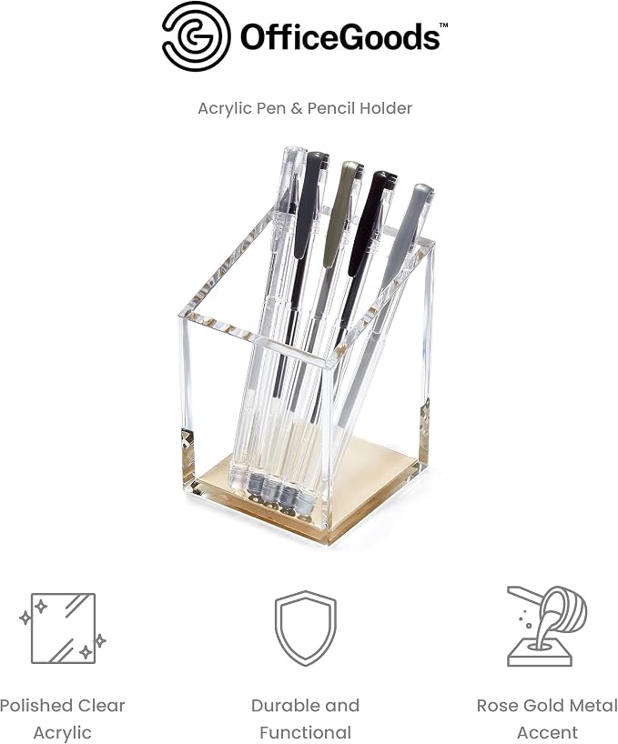 OfficeGoods Acrylic Pen & Pencil Holder - Modern Trapezoid Design - Beautiful Desk Organizer for Home or Office - Contrasting Metal Base - 3" Square w/ 3.5" Front & 4.5" Back - Gold