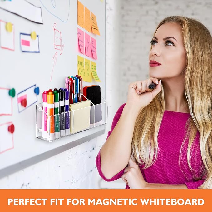 Ameceres Magnetic Pen Holder Classroom Organization Acrylic Marker Holder for Whiteboard Refrigerator Locker Accessories Pencil Dry Erase Marker Basket (3 Compartments * 1)