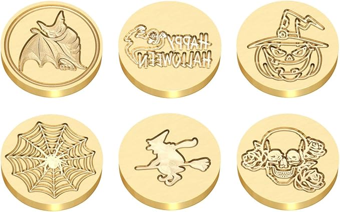 Yoption 6 Pcs Wax Seal Stamp Set, Halloween Sealing Wax Stamps Kit, Wooden Handle with Brass Head for Halloween Invitation Gift Cards