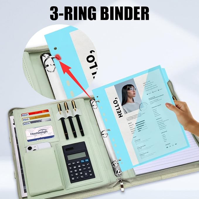 Portfolio Binder - 3 Ring Binder with Magnetic Handle, Vegan Leather Business Padfolio Folder with Notepad, Includes 5 Dividers with 10 Pockets for Documents Files