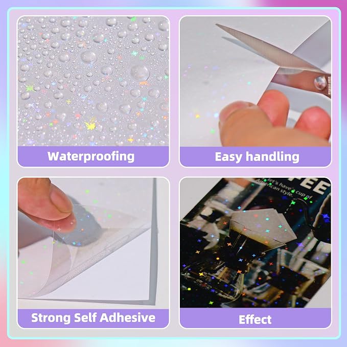 36 Sheets Holographic Sticker Paper, Transparent Holographic Vinyl Laminate Film, Clear Overlay Lamination Sticker Paper Self Adhesive Waterproof - Gem, Dot, Colorful, Star Patterns/8.5x11 inch