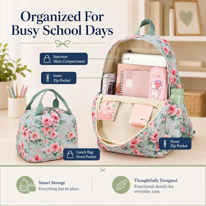 Bluboon Teens Backpack Set Girls School Backpack Lunch Box Pencil Bags Student Bookbags 3 in 1 (Pink Bow Rose)
