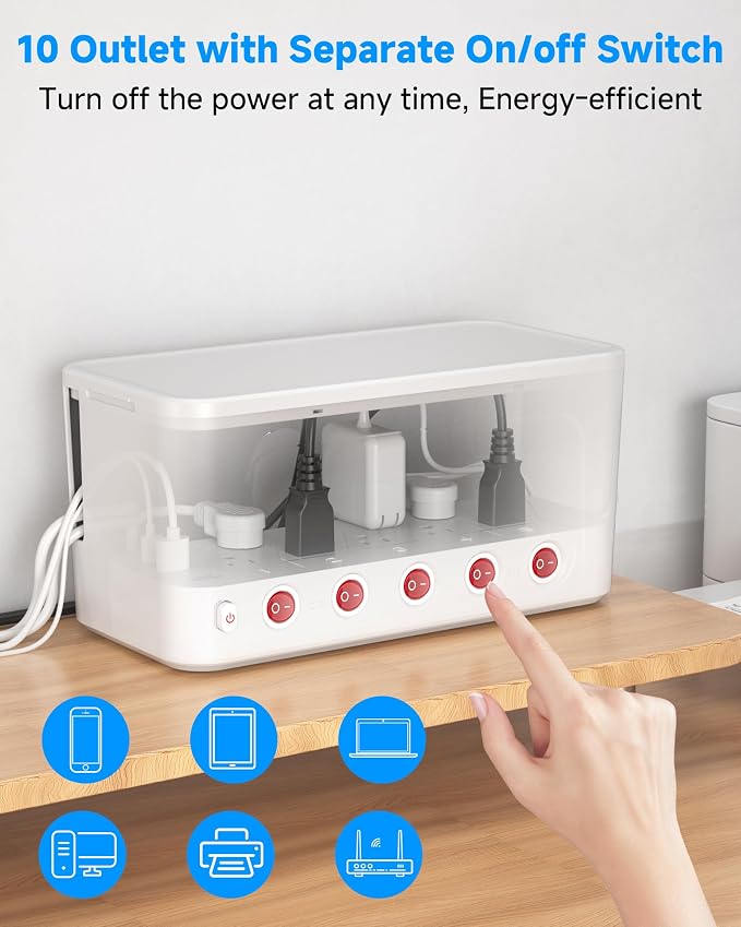 Power Strip with Cable Management Box, Large Cord Organizer Box,White | Power Strip Box with 10 Outlet and 3 USB Port,Individual Switches,6ft Flat Plug Extension Cord,Under-Desk Wire Storage Hider