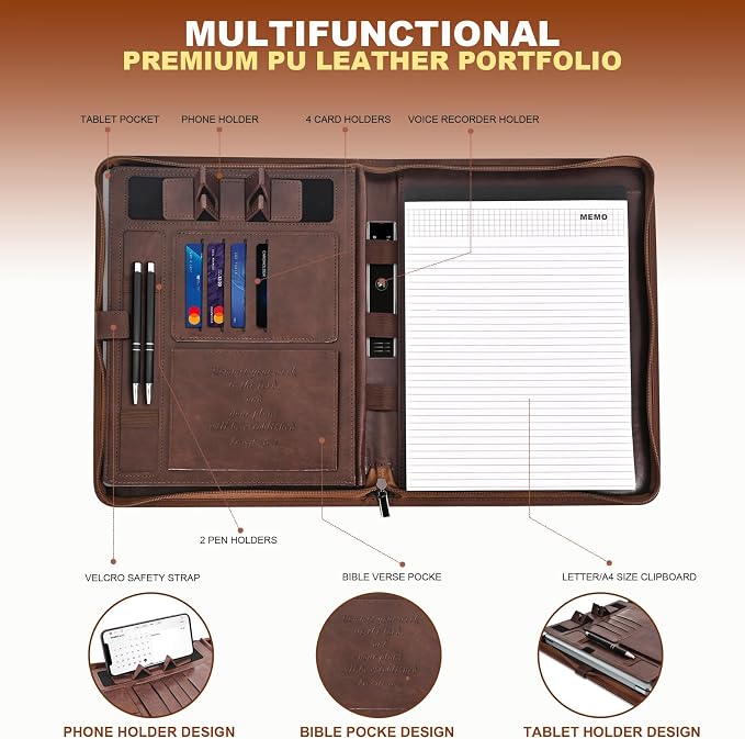 Leather Portfolio for Men and Women – Business Binder Portfolio, Professional Organizer for Men and Women, Christian Gifts, Laptop & iPad Case, Bible Notepad Holder (Brown) | Christian Leather Portfolio for Men