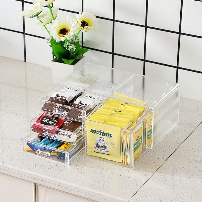 Cq acrylic Clear Stackable Storage Bins,Plastic Medicine Storage Organizer and Small Drawer Organizer with 4 Drawers for Make up,Skincare Produc,Craft,Beauty and Desktop Drawers Organizer Storage