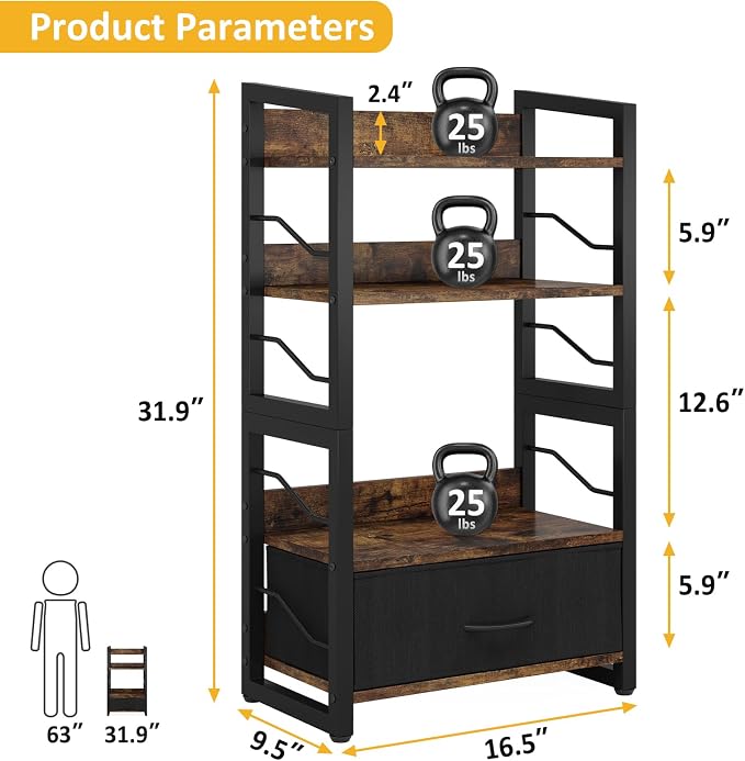 Hosfais Small Bookshelf with Drawer: 4-Tier Wood Book Shelf Industrial Narrow Bookcase Storage Organizer Metal Stackable Shelves for Desktop Bedroom Living Room Home Office (Rustic Brown)