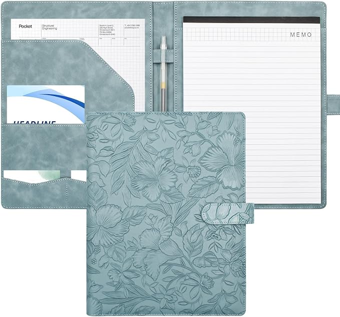 VANRA Padfolio Portfolio Binder Faux Leather Interview Resume Folder with Notepad, Document Organizer Card Holder, Letter-Sized Notepad Portfolio Organizer for Business School Office (Blue)