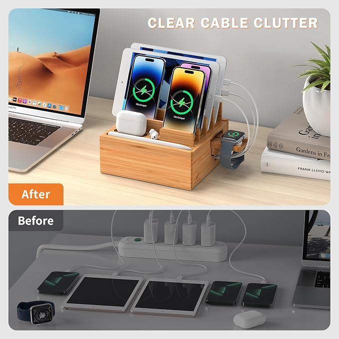 Pezin & Hulin Desktop USB Charging Station with Power Charger & Cables | Bamboo Charging Station for Multiple Devices, Desktop Charger Block, Compatible with Tablet, Cell Phone, Earbuds, Smartwatch