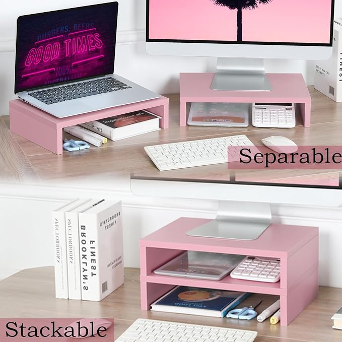 TEAMIX Pink Monitor Stand Riser - 2 PackS, Wood | Dual Stand for 2 monitors. Holds 80 lbs, Stack or Separate Adjustable Use, Fits laptop, TV, PC. For Home Office, Gaming