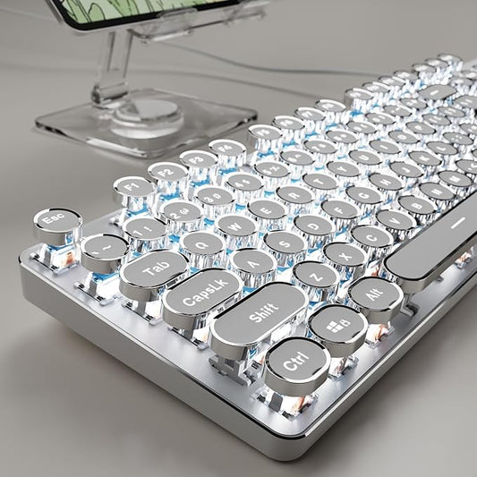 EWEADN TK100 Typewriter Style Wired Mechanical Keyboard, 104 Keys Aesthetic Typewriter Keyboard with White Backlit, Anti-Ghosting, Blue Switch Wired Cute Keyboards-White