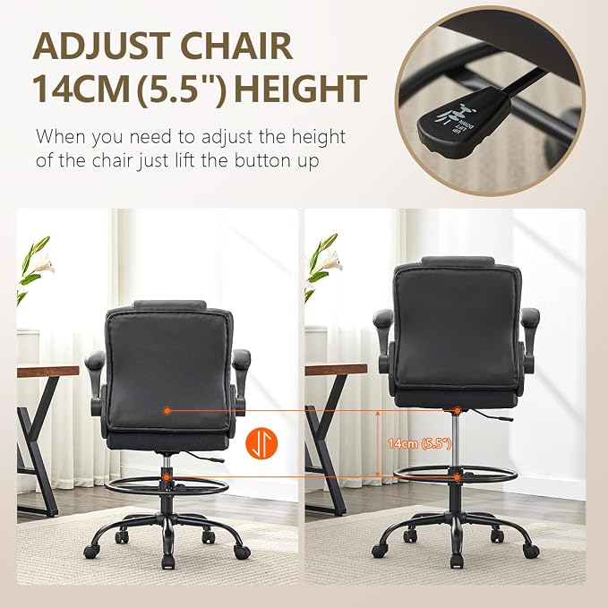 500 lbs Drafting Chair Tall Office Chair with Flip-up Armrests for Standing Desk Executive Ergonomic Computer Leather Desk Chair with Lumbar Support, Adjustable Foot Ring for Home or Drawing Use