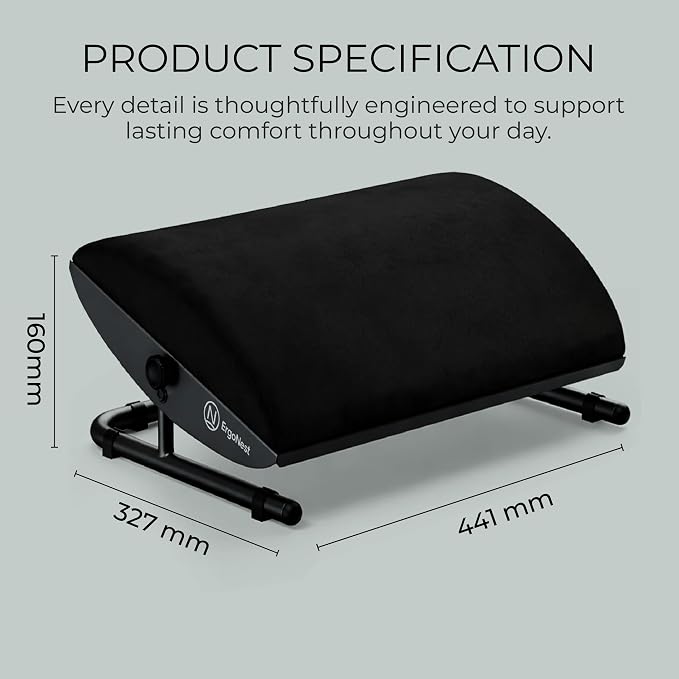 Under Desk Foot Rest – Adjustable Ergonomic Foot Rest with Steel Frame & Memory Foam Cushion, Soft Velour Finish for Superior Comfort, Designed to Improve Posture & Relieve Leg Pressure | ErgoNest™