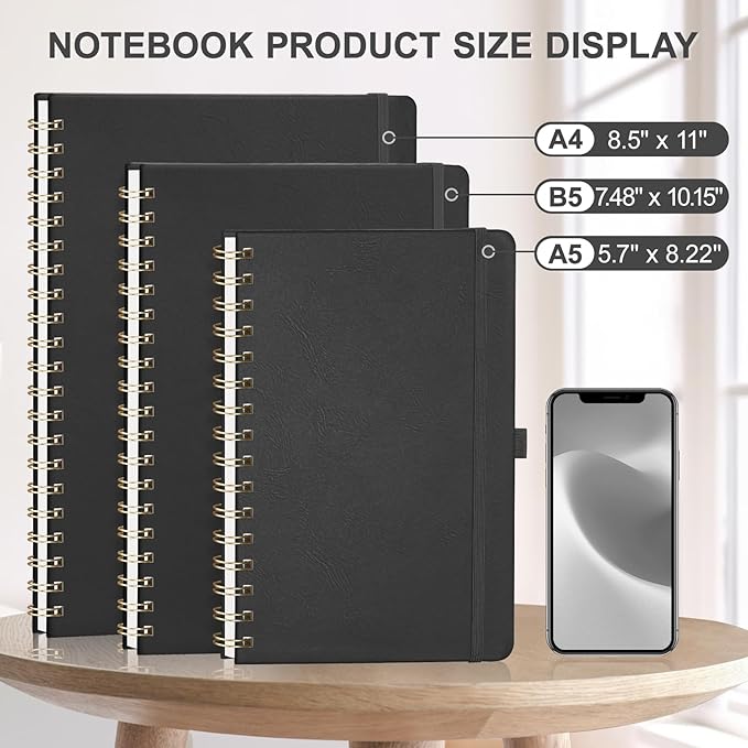 AHGXG HGXG Dotted Journal Spiral Notebook, Large B5 Dotted Notebook 140 Pages, Leather Hardcover, 100 GSM Thick Dot Grid Paper, Inner Pocket, for Dotted Journaling, 7.6" x 10", Black