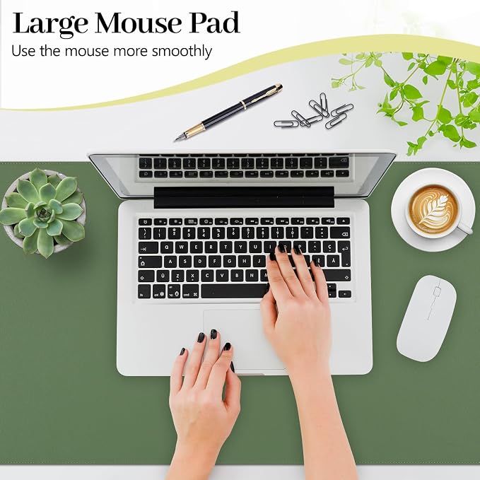 Green Leather Desk Pad Large Mouse Pad, 35.4"x17" | Waterproof Desk Mat for Keyboard and Mouse, Non-Slip Computer Desk Protector, Smooth Mouse Control for Home Office