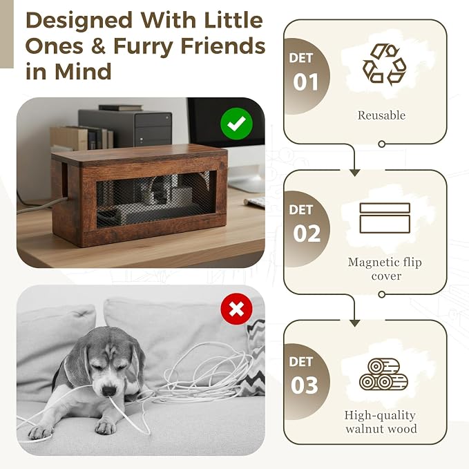 Chunful Extra Large Cable Management Box, 16'' Wood Cord Box Organizer with Ventilation Nets & Organizer for Power Strip, TV Wires & Desk Cable Storage, Magnetic Lid Hide Floor Cables