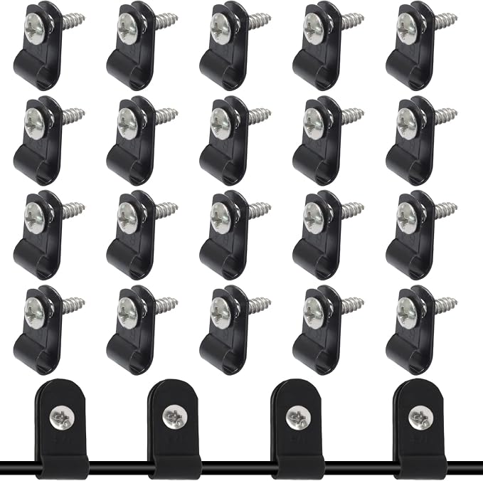 100 Pcs 1/8 Inch Black Nylon Cable Clip Wire Clamp | R-type, 3.3mm, Screw Mounting, Stainless Steel Screws Included, Wire Management
