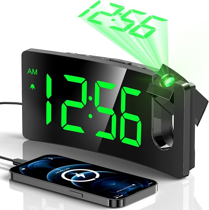 Projection Alarm Clock, Digital Clock with Modern Curved Design | 180° Rotatable Projector, 3-Level Brightness, Blue LED Display, Progressive Volume, 9mins Snooze, 12/24H, for Bedroom