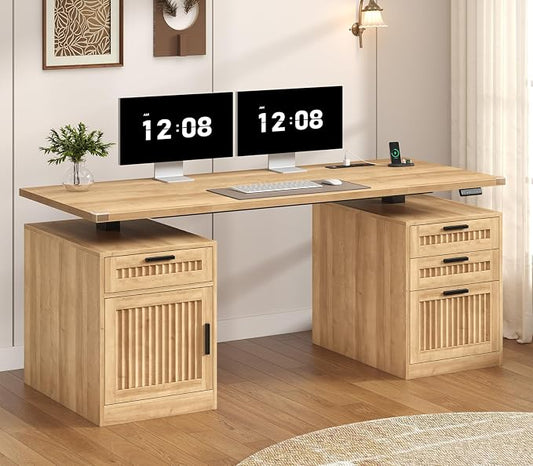 60" Fluted Electric Standing Desk with Drawers for Home Office, Oak | Height Adjustable Computer Desk with 4 Drawers & Storage Shelves, Wood Sit Stand Desk with Power Outlets for Work, Study