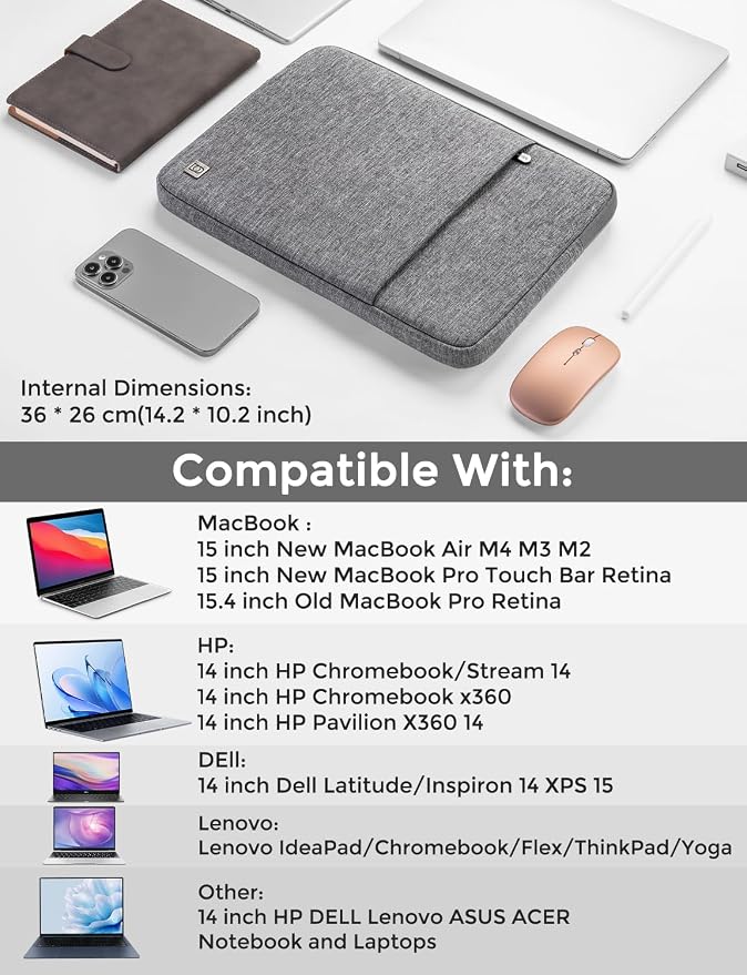 DOMISO Laptop Case Laptop Sleeve Cover Compatible with 15 inch MacBook Air M4/A3241 2025, M3/A3114,M2/A2941,15 inch MacBook Pro A1990 A1707,Compatible with Dell XPS 15 Plus with Pocket,Grey