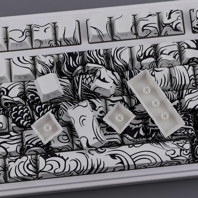 Tsungup PBT Keycaps,138 Keys Custom Cool Dragon Pattern Side Print Keycaps,Cherry Profile Key Caps Keyboard Keycap Set for 60% 65% 75% 80% 100% MX Switches Mechanical Keyboard(White)
