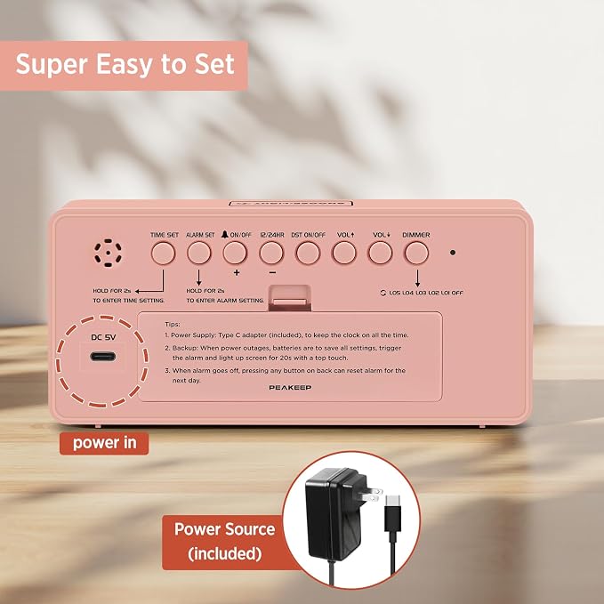 Peakeep Digital Alarm Clock for Bedrooms Bedside, Loud for Heavy Sleepers | Electric Alarm Clock Battery Backup Powered, Mirror Face, Large Numbers 6 Dimmers for Seniors