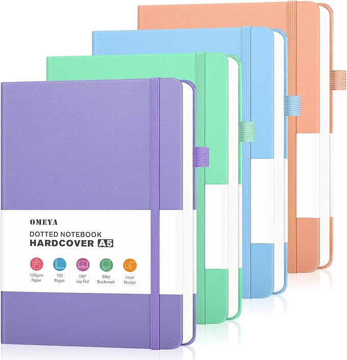 OMEYA Bullet Dotted Journal Notebook 4 Pack: 160 Pages Per Pack, A5 Medium Size(5.75" × 8.38"), 120 GSM Thick Paper, Leather Dotted Notebook, Hardcover Dot Grid Notebook, Dot Journal for Wrting, Gift