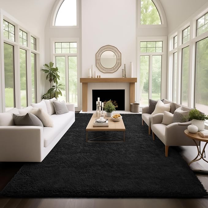 Ophanie Area Rugs 9x12 Living Room, Large Black Bedroom Carpet, Big Shag Indoor Thick Soft Nursery Rug, Fluffy Carpets for Boy and Girls Room Dorm Home Decor Aesthetic with Over 99 pcs Pile fibers