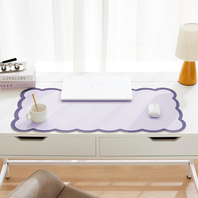 Scalloped Desk Mat, 31.5" x 15.7" Large Cute Aesthetic Desk Accessories, PU Leather Computer Laptop Desk Mouse Keyboard Pad, Desk Writing Mat for Vanity/Work/Home Decor Purple