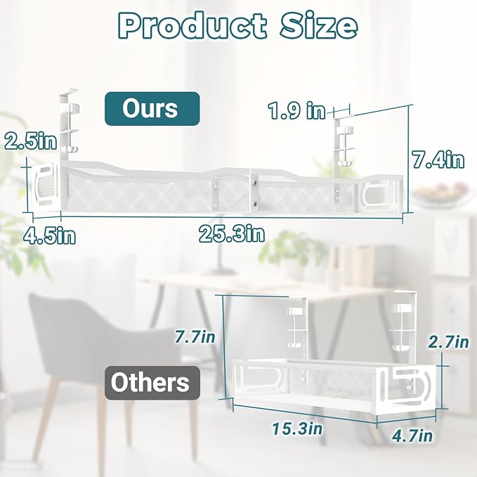 Cable Management Under Desk, 25.3'' No Drill Desk Cable Management Tray with Clamp, Metal Cord Organizer for Standing Desk, Computer Wire Management for Home Office & Gaming Setup, White