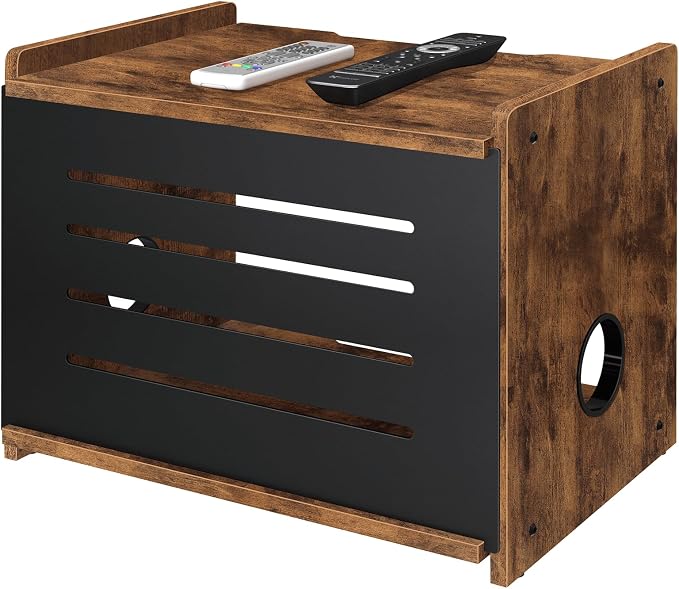 Router Shelf, Wood Wifi Box Hider, Projector Shelf Stand, Router Modem Storage Box Power Strip Cable Management Hider Rack, Routers Cover Organizer for Office Home, Rustic Brown