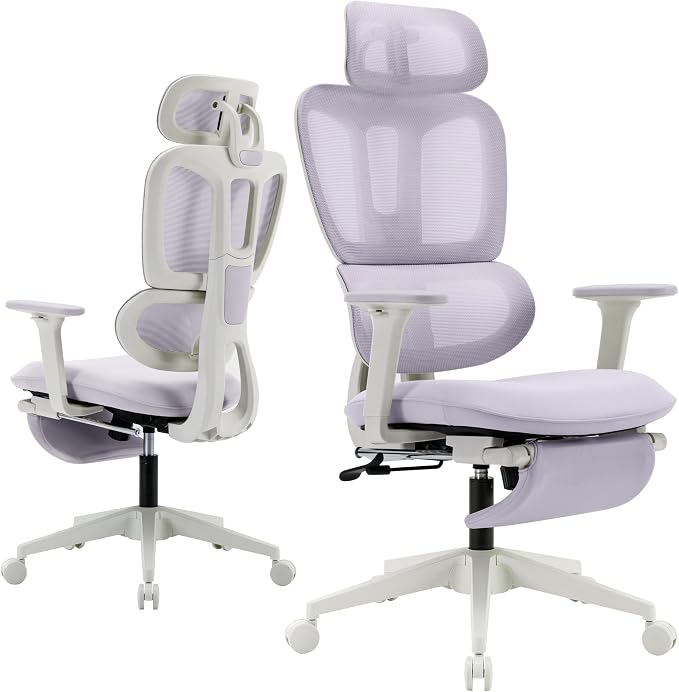 Ergonomic Office Chair with Retractable Footrest, Purple | High Back Design, Dynamic Lumbar Support, 2D Headrest & 2D Armrests, Breathable Mesh Back for Home Office