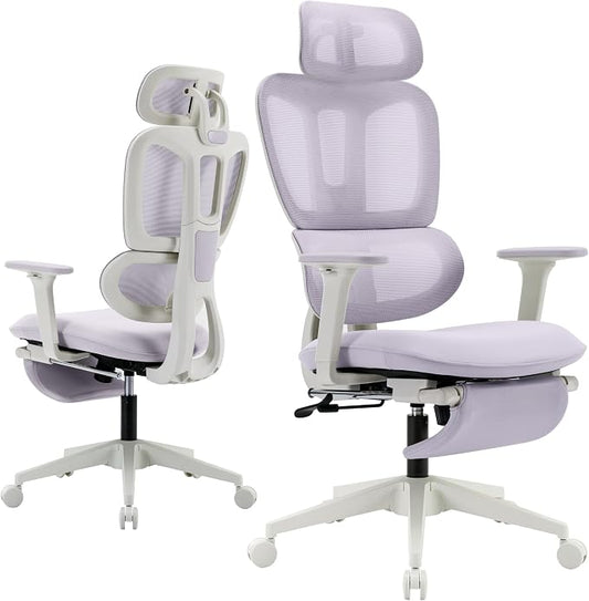 Ergonomic Office Chair with Retractable Footrest, Purple | High Back Design, Dynamic Lumbar Support, 2D Headrest & 2D Armrests, Breathable Mesh Back for Home Office
