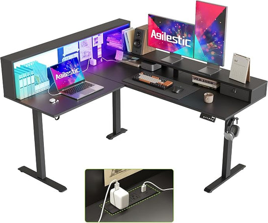 Agilestic L-Shaped Electric Standing Desk, 63x55 Inch Ergonomic Adjustable Height Desk with Storage, Stand Up Corner Desk Sit Stand Computer Table Power Outlet & LED Lights, Office Table, Black