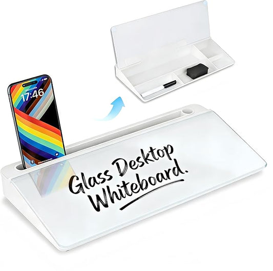 Glass Desktop Whiteboard with Storage15.8×7”, Desk Dry Erase Note Board, Compact Desk Organizer for to-Do List Home Office School & Gift, White