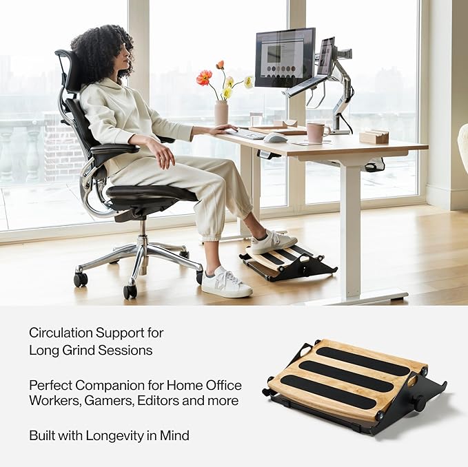 Humanscale FR300 Foot Rocker, Ergonomic Rocking Footrest for Under Desk, Smooth Gliding Experience with Ball Bearing Rollers, Adjustable Height, Durable Steel Frame, Natural Wood